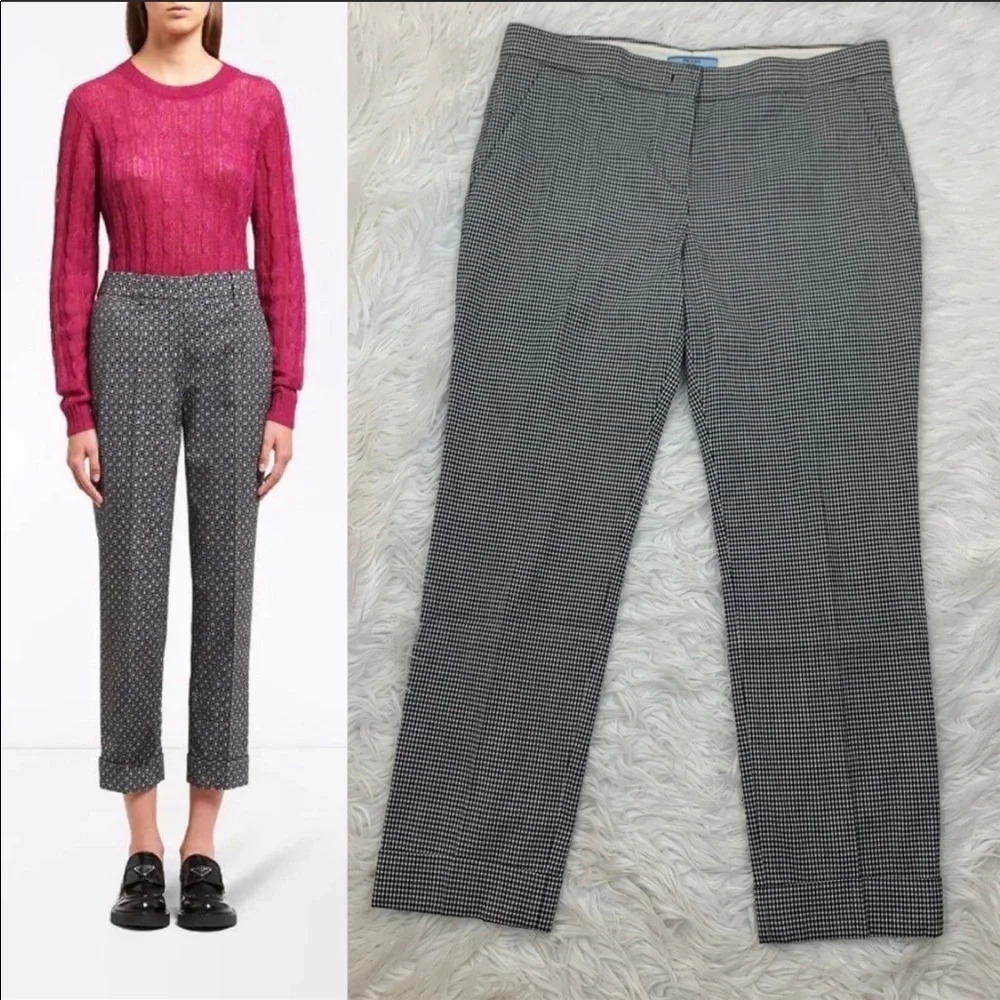 NWOT Prada Check Print Gabardine Wool Trouser Black and White Designer Women 10